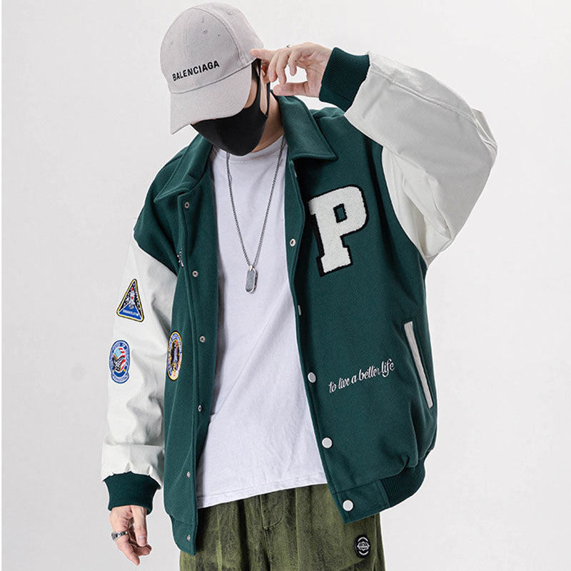 Baseball Jackets for Men Applique Embroidery Leather Seeve Men's Clothing 2022 Streetwear Casual Varsity Bomber Jacket Men Coat