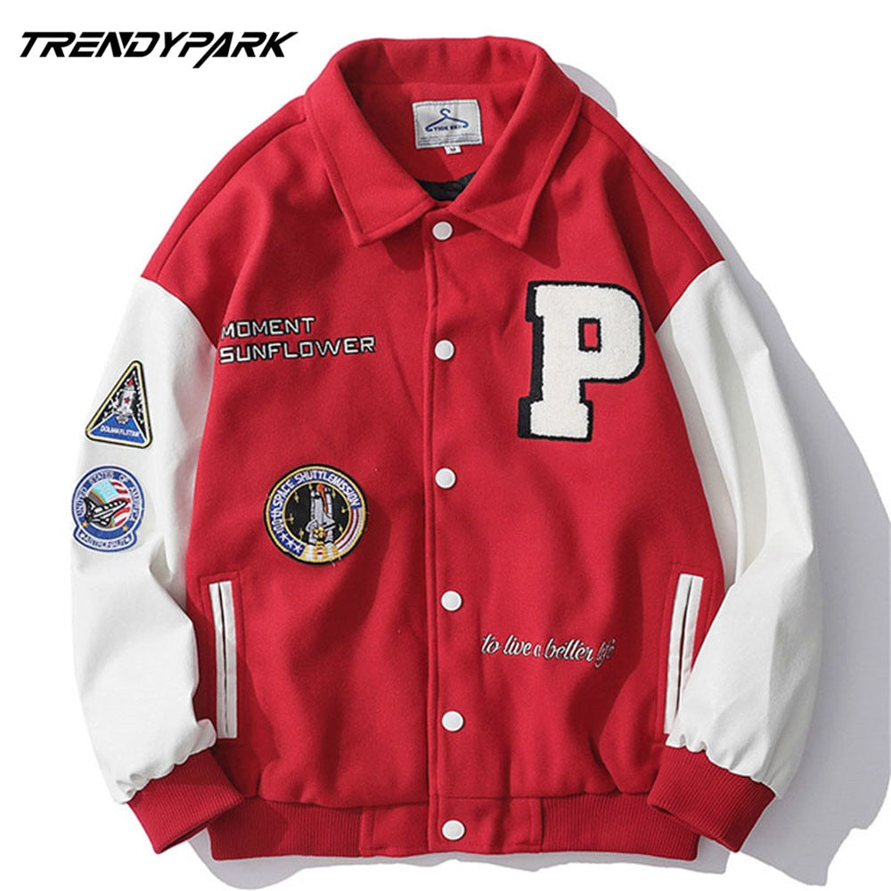 Baseball Jackets for Men Applique Embroidery Leather Seeve Men's Clothing 2022 Streetwear Casual Varsity Bomber Jacket Men Coat