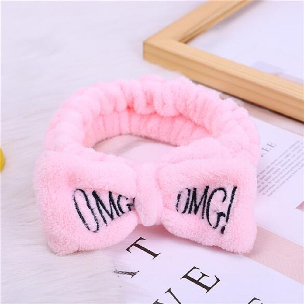 Elastic OMG Letters Bow Hairbands For Women Girls Coral Fleece Makeup Headband Hair Bands Wash Face Headwear Hair Accessories