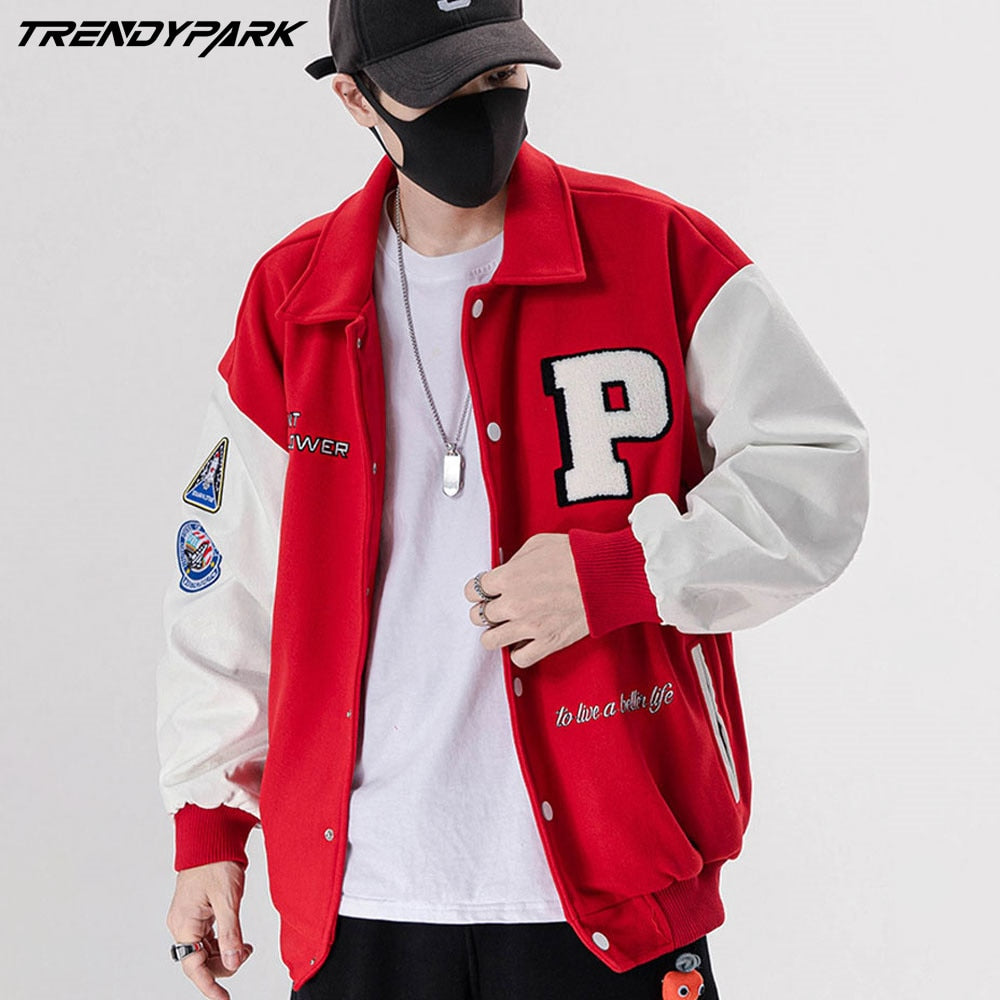 Baseball Jackets for Men Applique Embroidery Leather Seeve Men's Clothing 2022 Streetwear Casual Varsity Bomber Jacket Men Coat