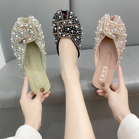 For Women 2023 Loafers Glitter Slides Ladies&#39; Slippers Peep Toe Flat Shoes Female Pantofle Fashion Jelly New Luxury