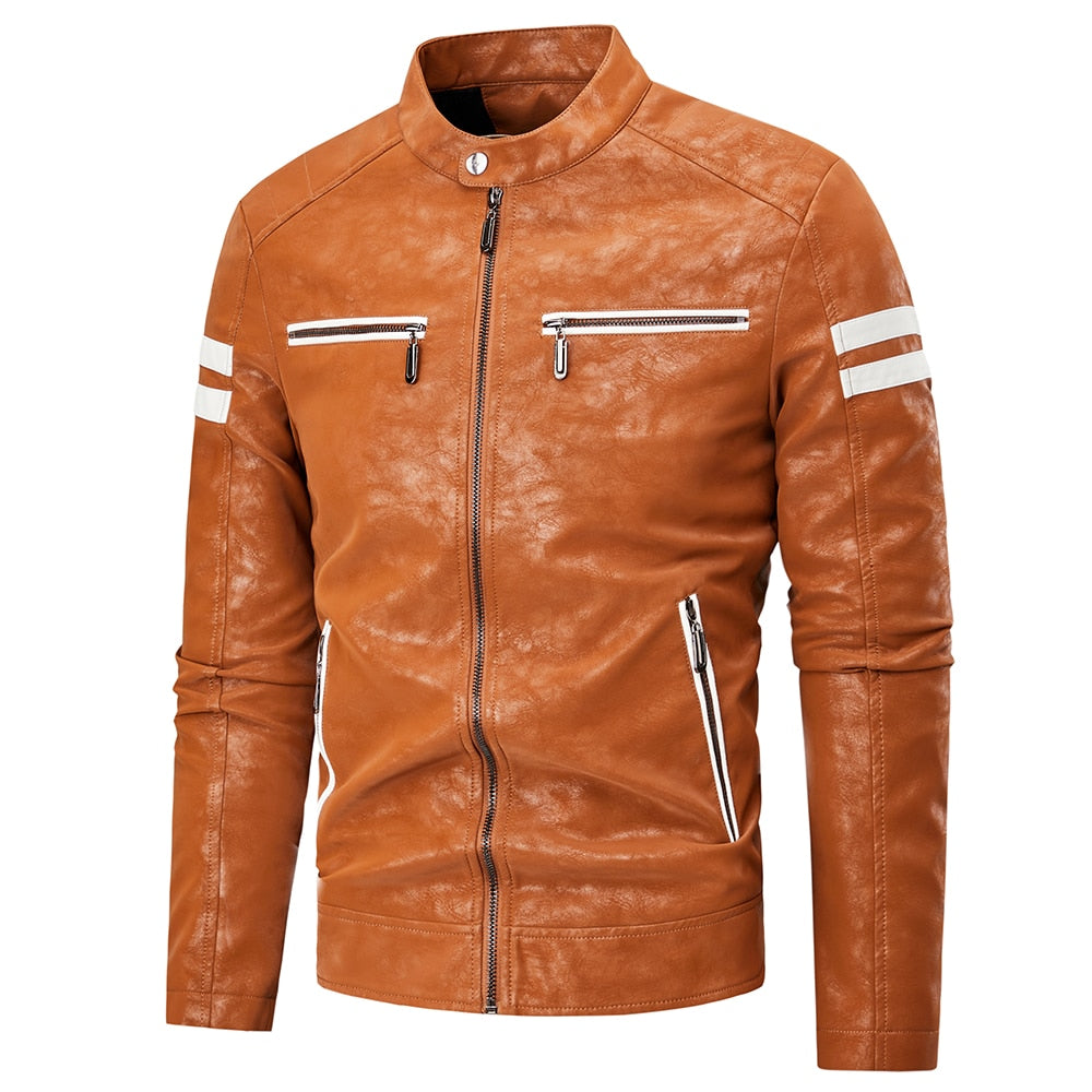 ZREZ Men Autumn Brand New Causal Vintage Leather Jacket Coat Men Spring Outfit Design Motor Biker Pocket PU Leather Jacket Men