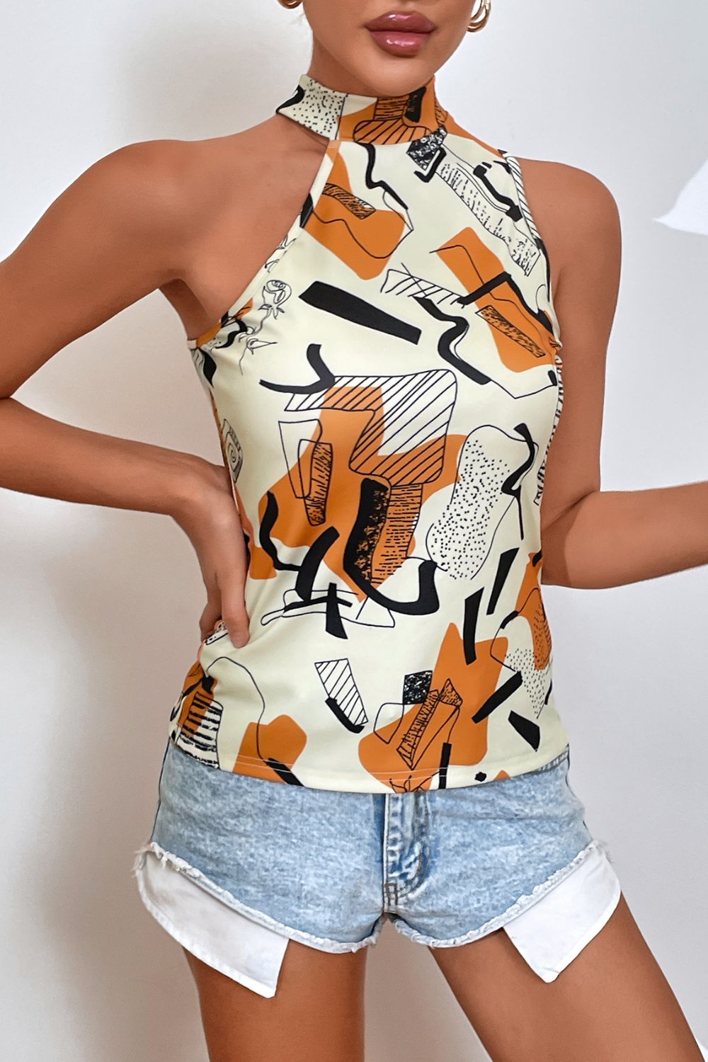 Printed Grecian Neck Sleeveless Top