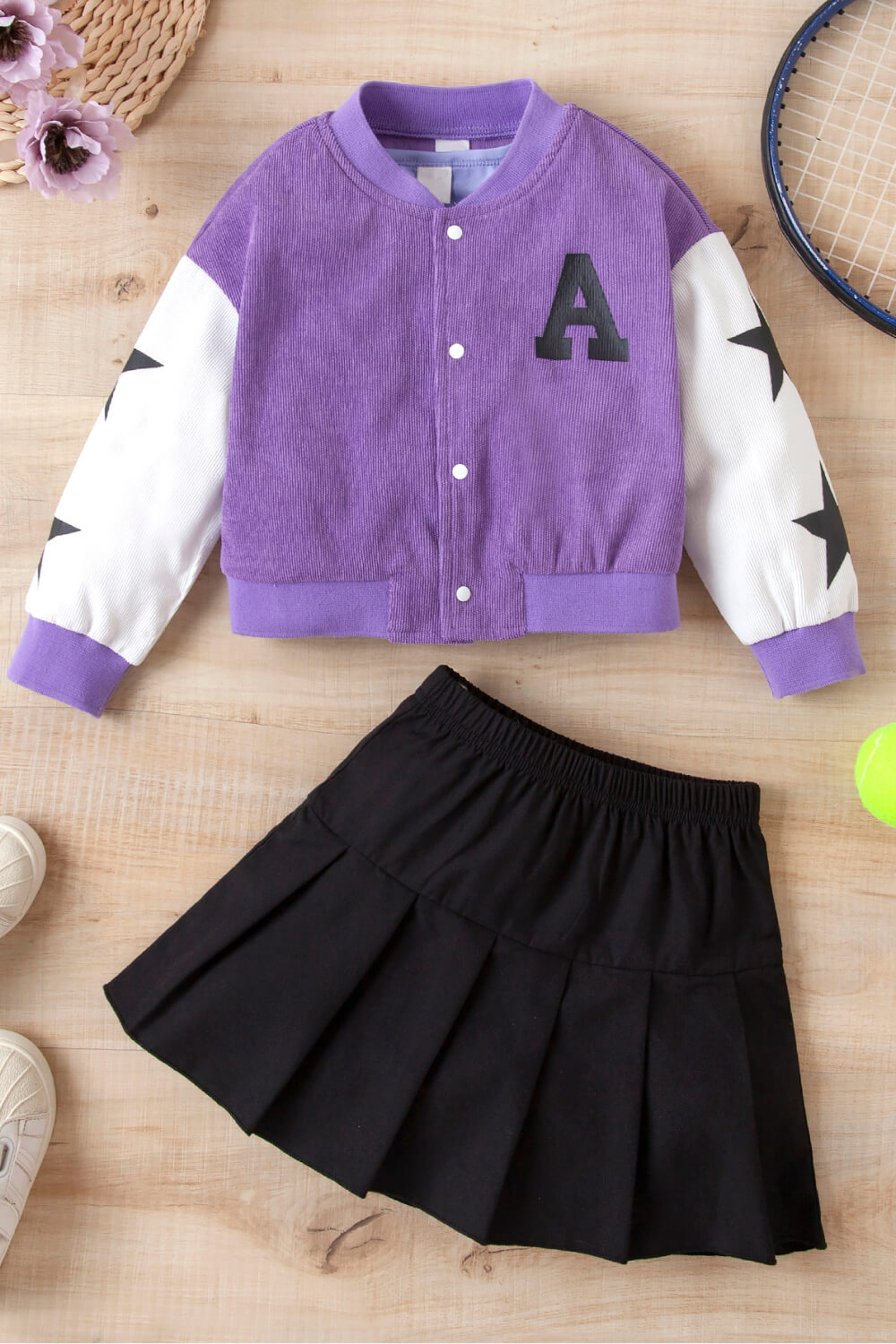 Girls Contrast Bomber Jacket, Tank, and Pleated Skirt Set